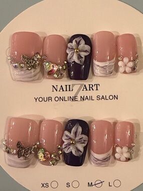Floral Accent Pink and Deep Purple Press-On Nail Set